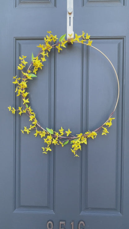 Modern Yellow Forsythia Spring Hoop Wreath