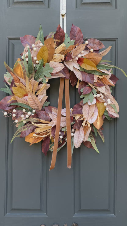Neutral Fall Wreath with Berries & Gold Velvet Ribbon