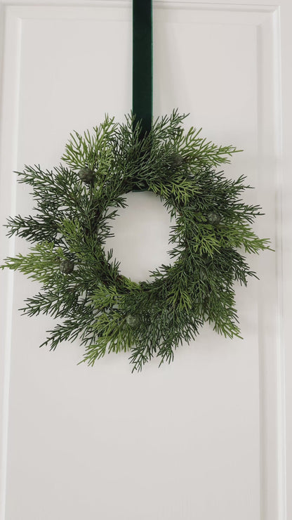 Mini Cedar Christmas Wreath Set with Dark Green Velvet Ribbon