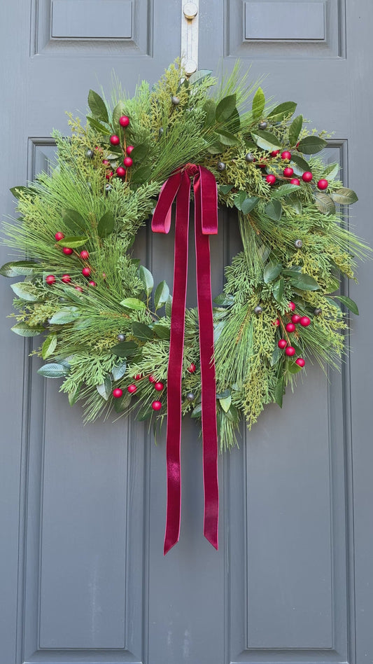 Christmas Greenery & Red Berry Wreath with Red Velvet Ribbon