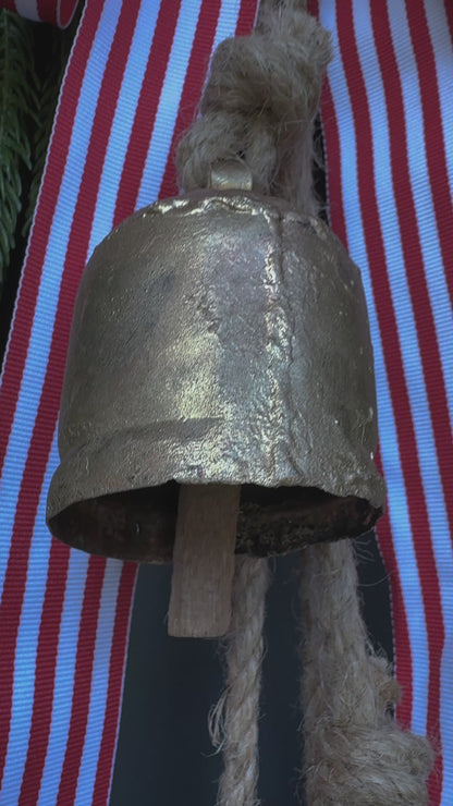 Faux Norfolk Pine Wreath with Bells and Red & White Striped Bow