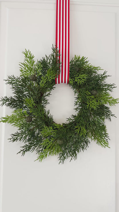 Mini Cedar Christmas Wreath Set with Red & White Striped Ribbon