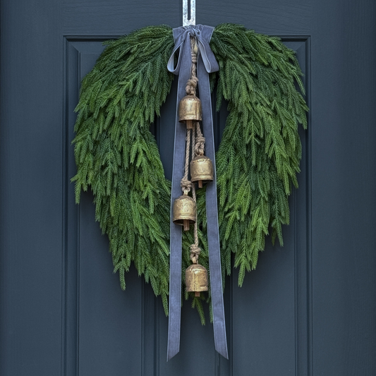 Green wreath with gold bells and gray ribbons on a dark blue door