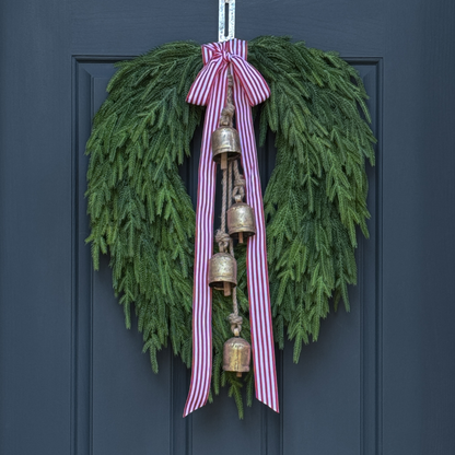 Faux Norfolk Pine Wreath with Bells and Red & White Striped Bow