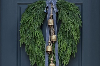 Green wreath with gold bells and gray ribbons on a dark blue door