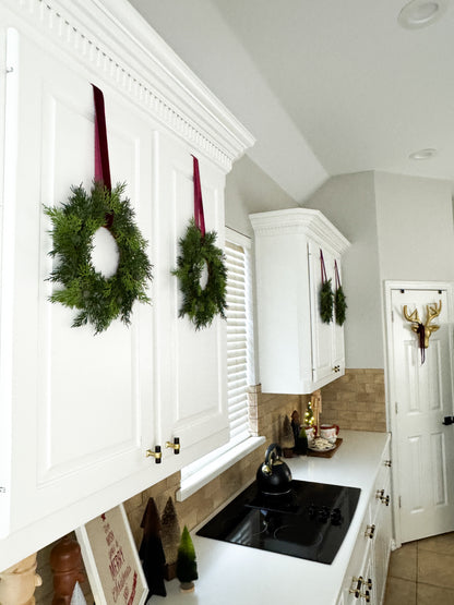 Mini Cedar Christmas Wreath Set with Burgundy Velvet Ribbon