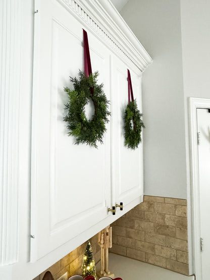 Mini Cedar Christmas Wreath Set with Burgundy Velvet Ribbon