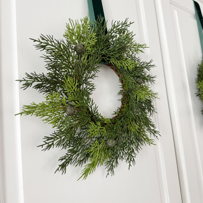 Mini Cedar Christmas Wreath Set with Dark Green Velvet Ribbon