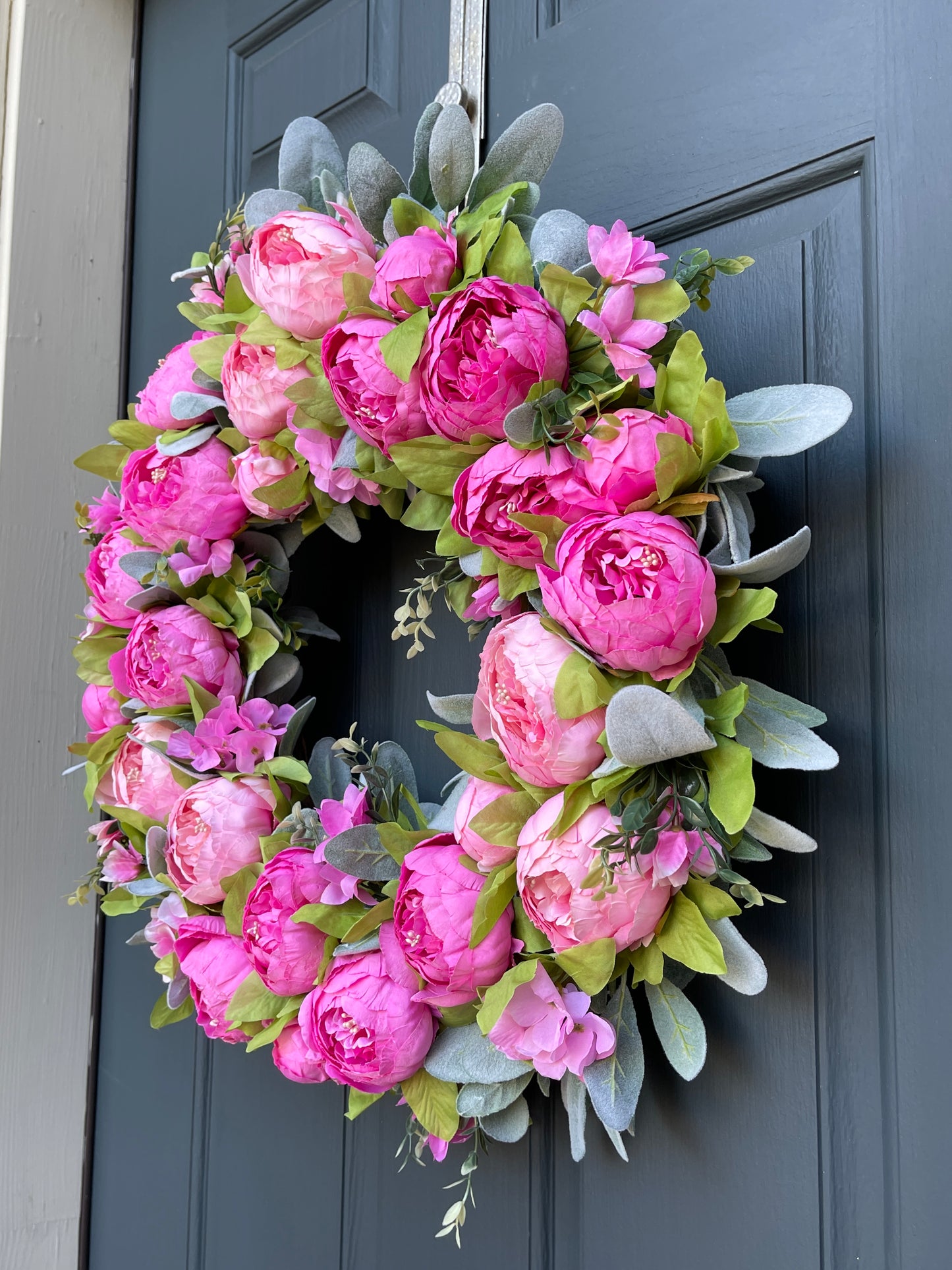 Spring + Summer Pink Peony & Lambs Ear Wreath