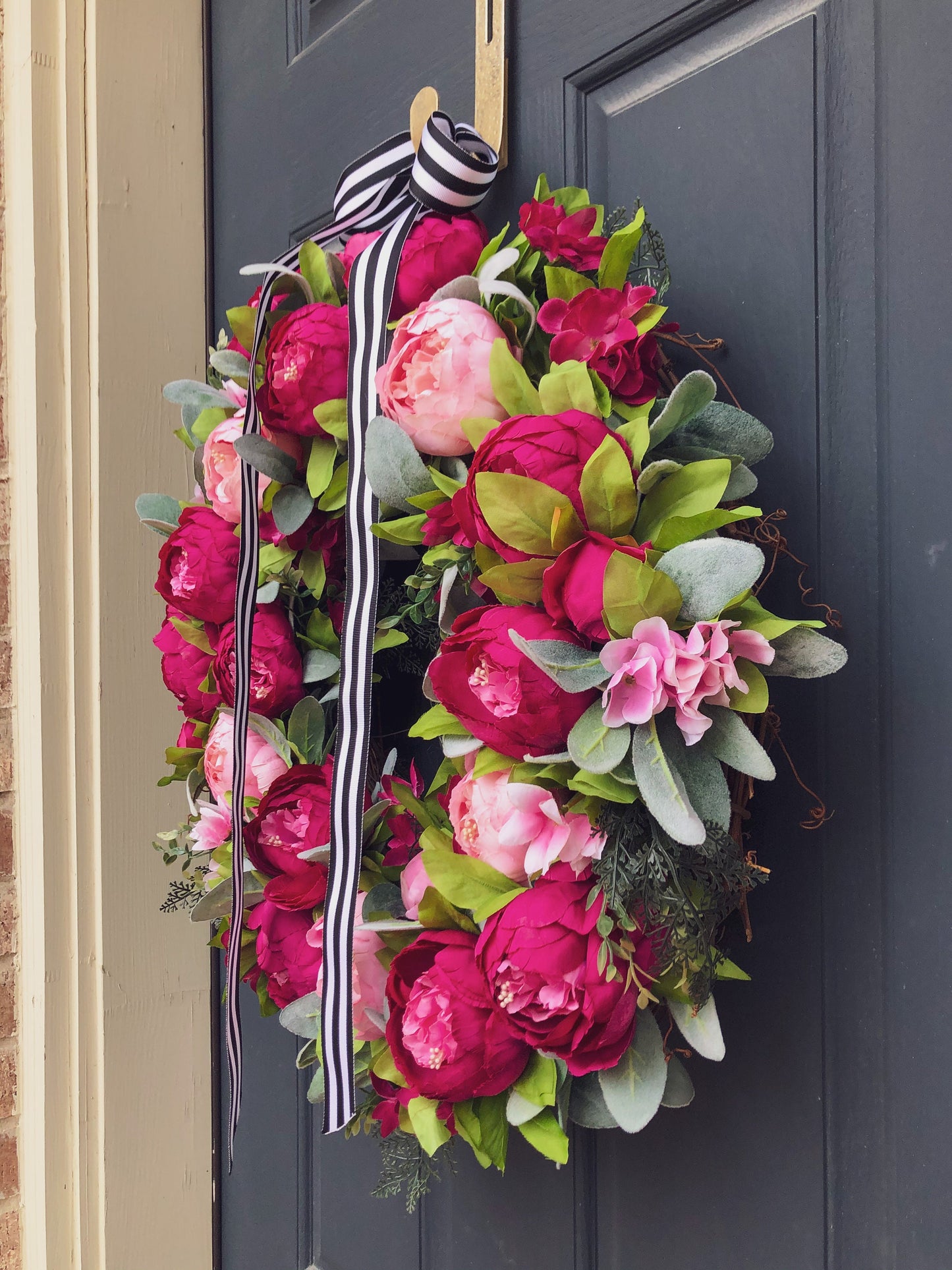 Spring Peony Wreath | Pink Peony & Lambs Ear Front Door Wreath | Modern Farmhouse Decor | Black and White Striped Bow | Summer Wreath